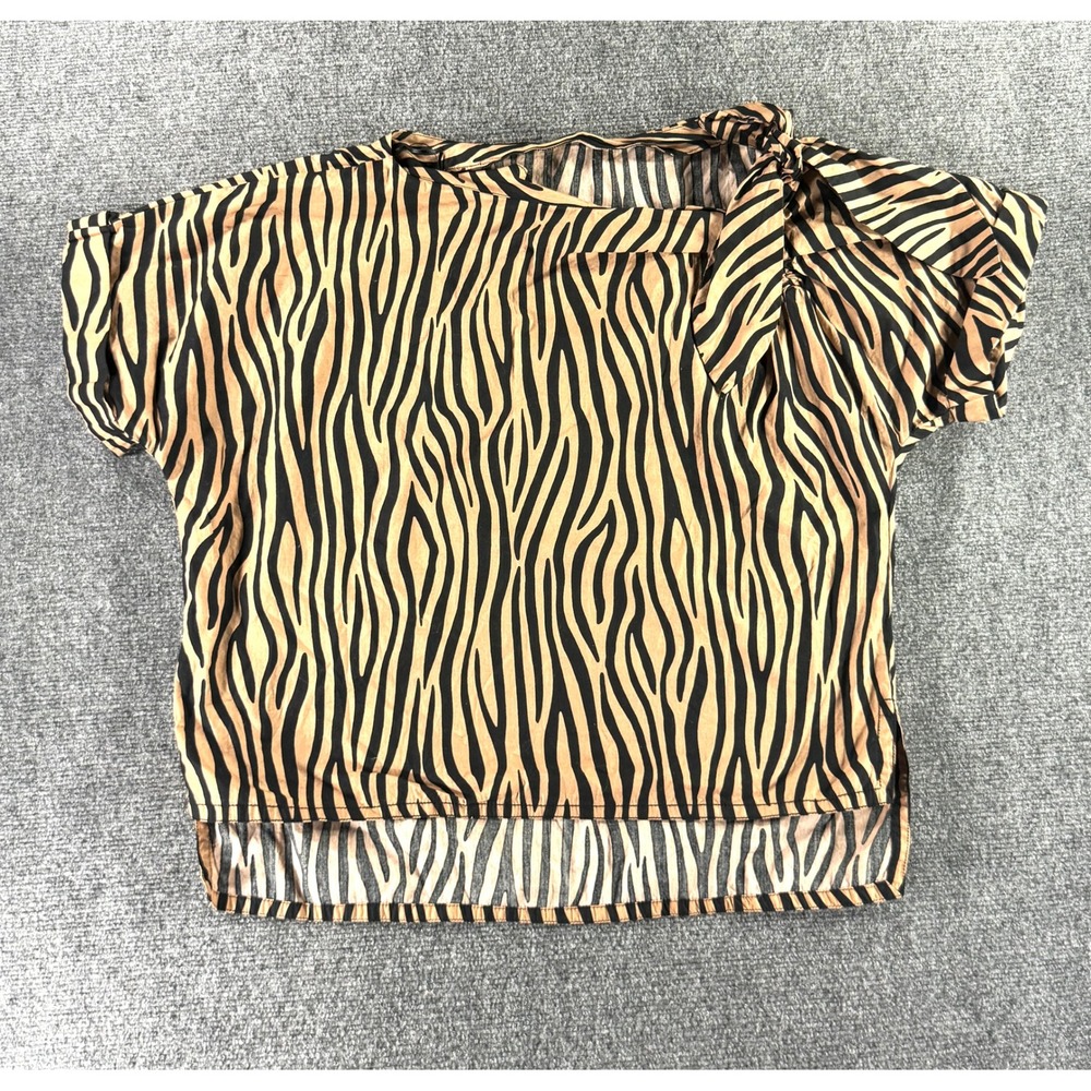 Zara Woman Zebra Print Bow Shoulder Blouse Brown Black Short Sleeve Top Large